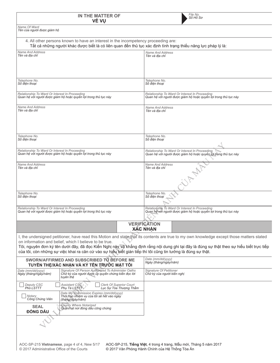 Form AOC-SP-215 Motion in the Cause for Restoration to Competency - North Carolina (English / Vietnamese), Page 4