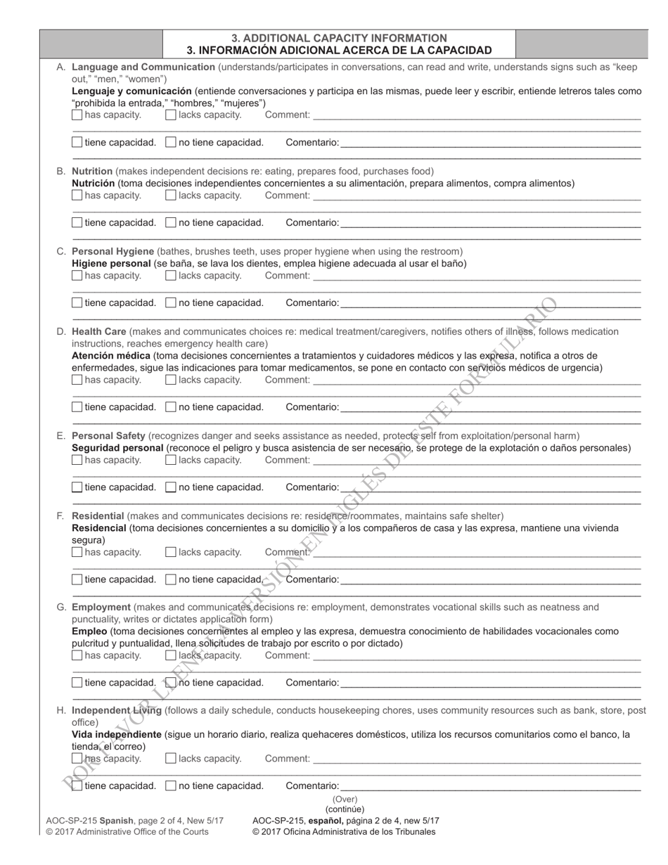 Form AOC-SP-215 Motion in the Cause for Restoration to Competency - North Carolina (English / Spanish), Page 2