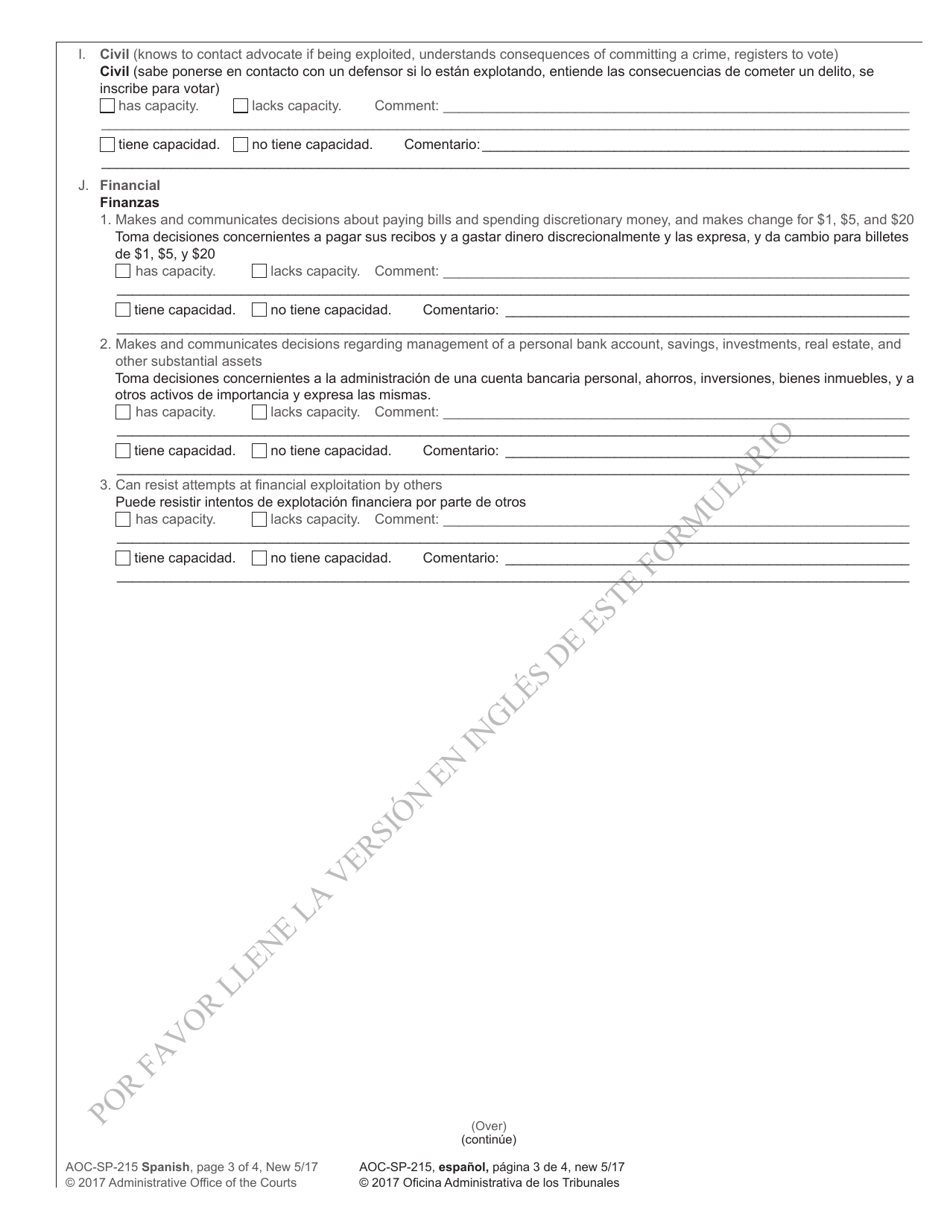 Form AOC-SP-215 Motion in the Cause for Restoration to Competency - North Carolina (English / Spanish), Page 3