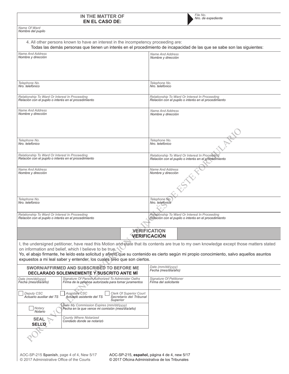 Form AOC-SP-215 Motion in the Cause for Restoration to Competency - North Carolina (English / Spanish), Page 4