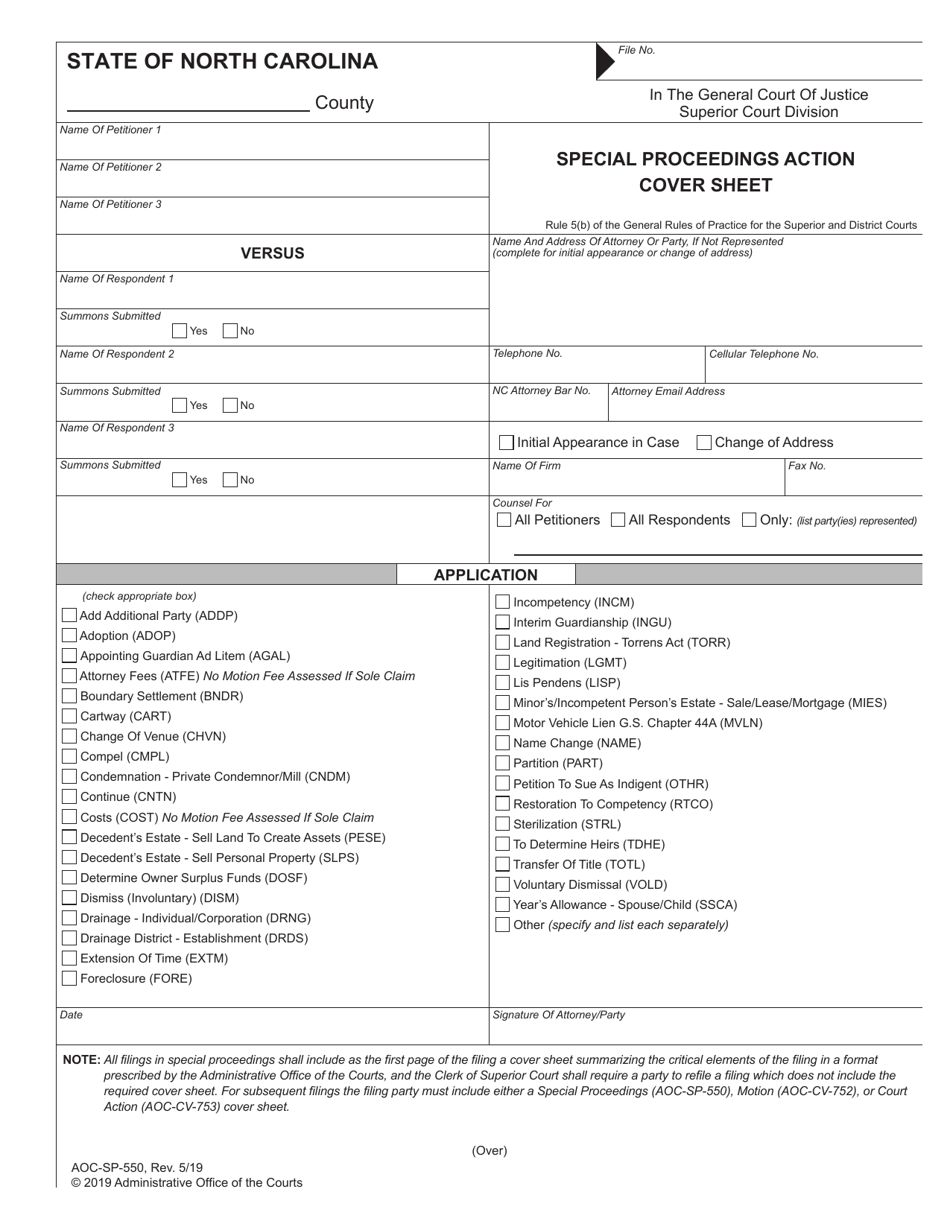 Form AOC-SP-550 Special Proceedings Action Cover Sheet - North Carolina, Page 1
