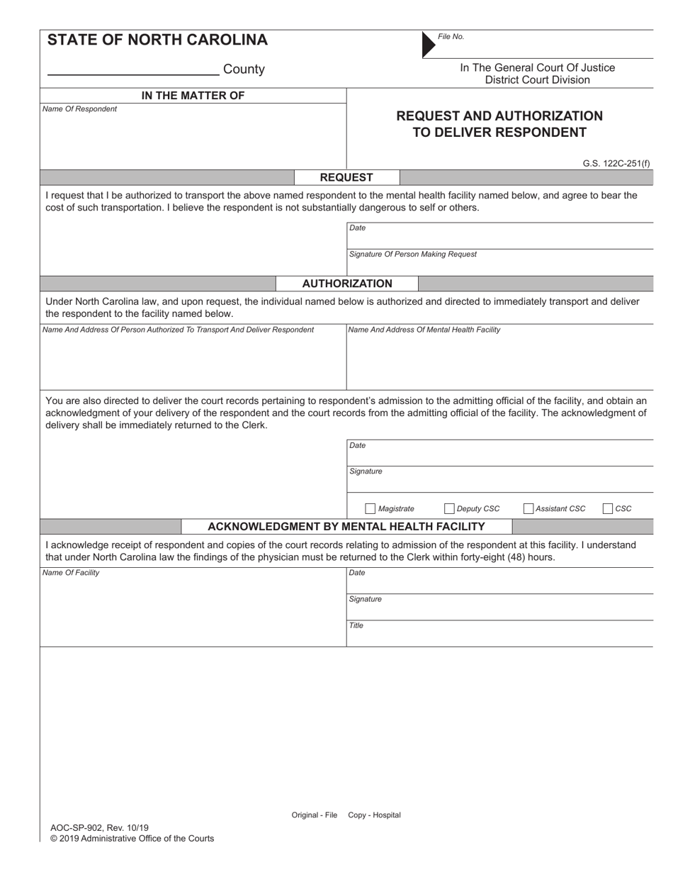 Form AOC-SP-902 Request and Authorization to Deliver Respondent - North Carolina, Page 1