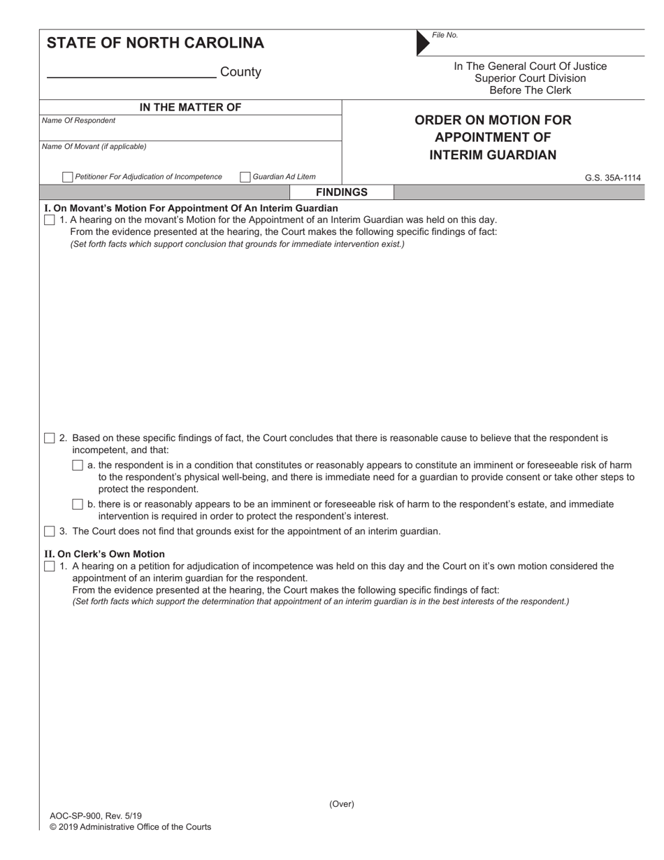 Form AOC-SP-900 Order on Motion for Appointment of Interim Guardian - North Carolina, Page 1