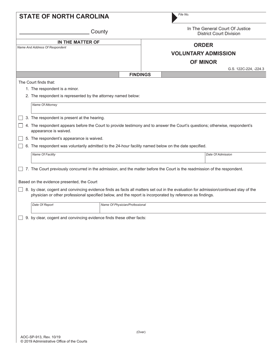 Form AOC-SP-913 Order Voluntary Admission of Minor - North Carolina, Page 1