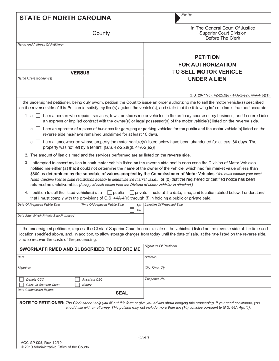 Form AOC-SP-905 Petition for Authorization to Sell Motor Vehicle Under a Lien - North Carolina, Page 1