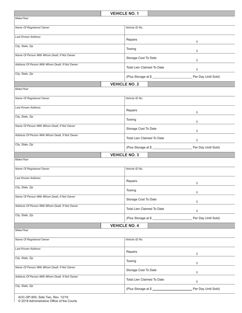 Form AOC-SP-905 Petition for Authorization to Sell Motor Vehicle Under a Lien - North Carolina, Page 2