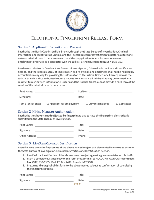 Electronic Fingerprint Release Form - North Carolina Download Pdf