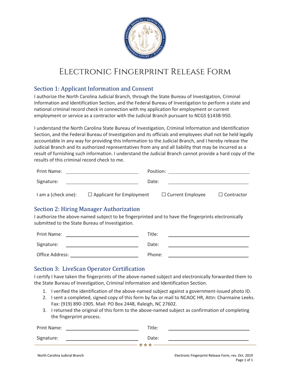 Electronic Fingerprint Release Form - North Carolina, Page 1