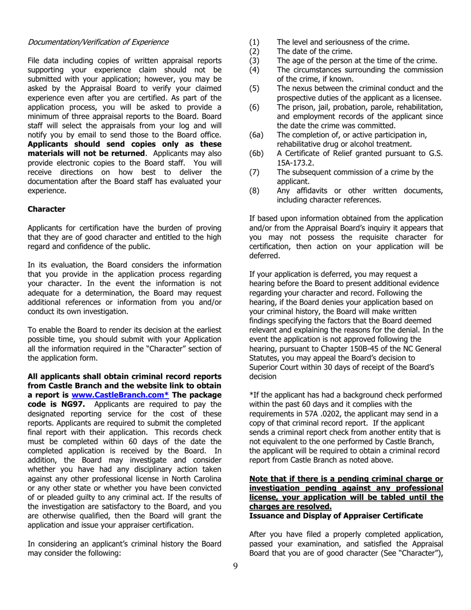 Application for Certified General Certification - North Carolina, Page 9