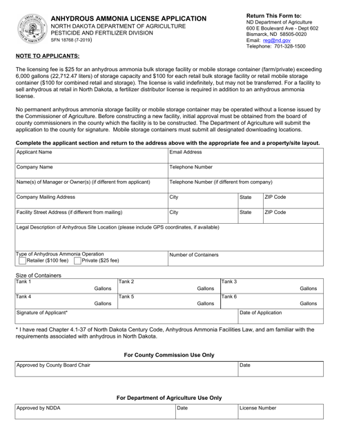 Form SFN18768 Anhydrous Ammonia License Application - North Dakota