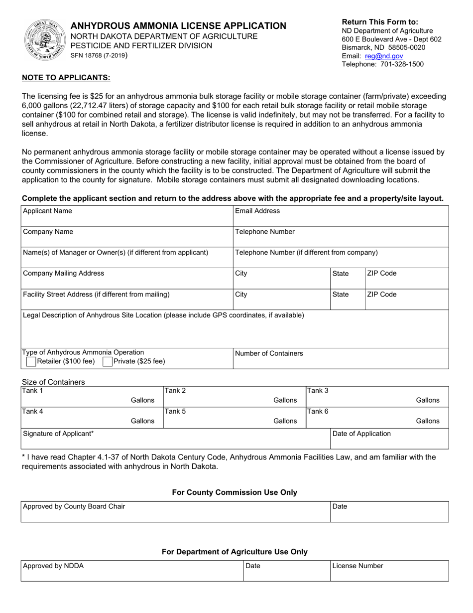 Form SFN18768 Anhydrous Ammonia License Application - North Dakota, Page 1