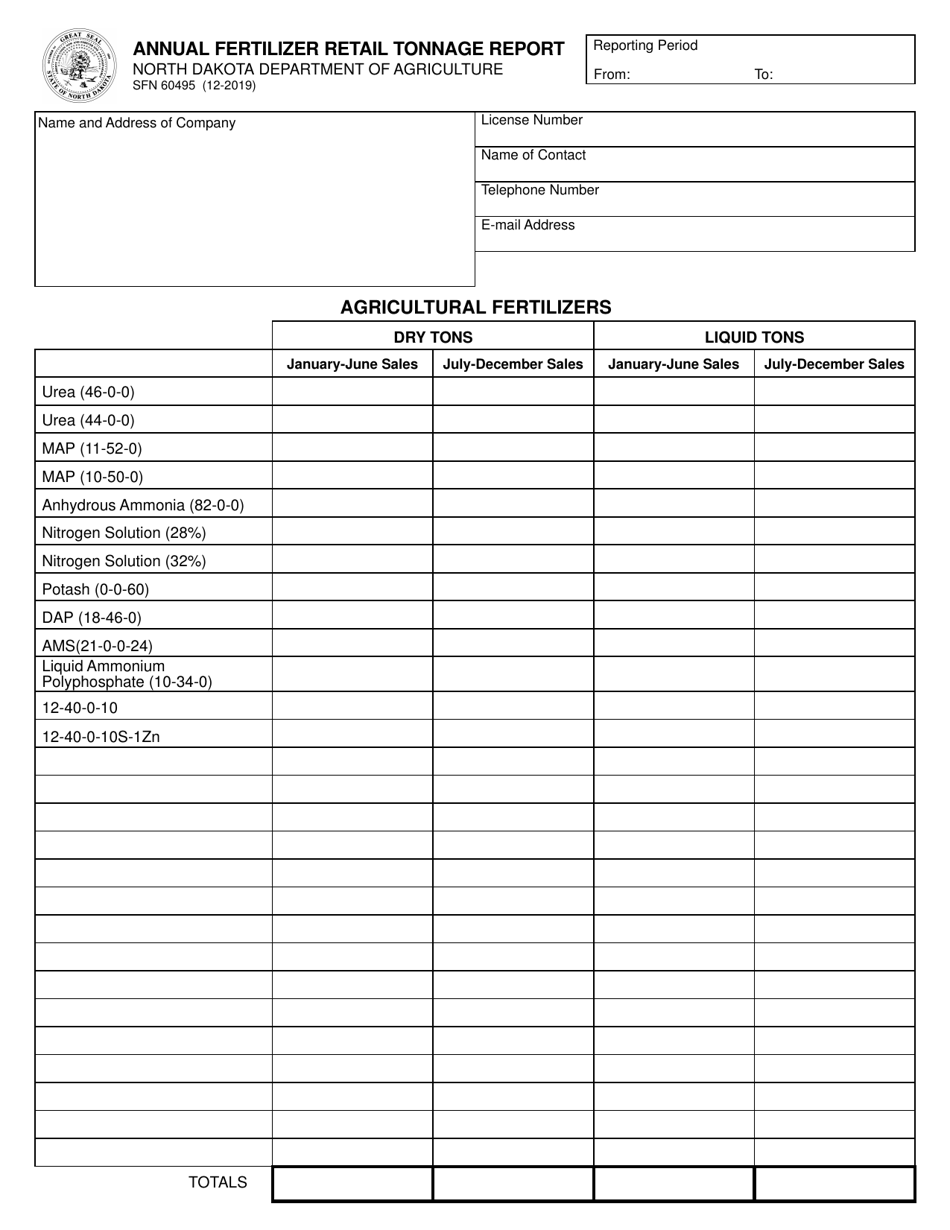 Form SFN60495 Annual Fertilizer Retail Tonnage Report - North Dakota, Page 1