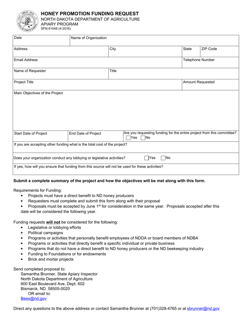 Form SFN61048 Honey Promotion Funding Request - North Dakota