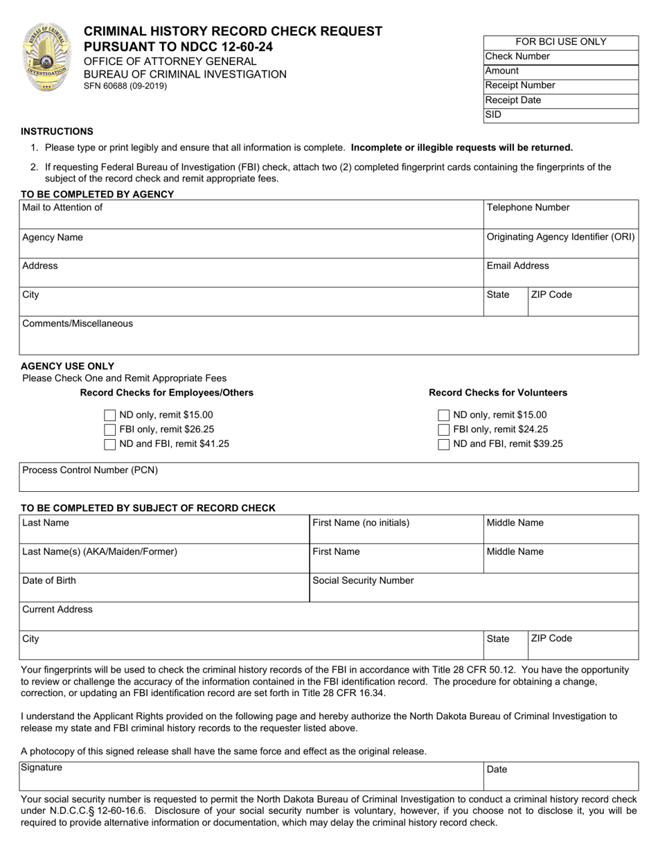 Form SFN60688 Criminal History Record Check Request Pursuant to Ndcc 12-60-24 - North Dakota, Page 1