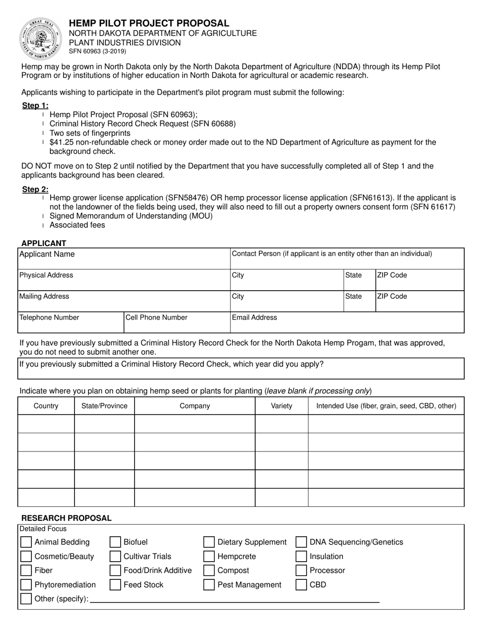 Form SFN60963 Hemp Pilot Project Proposal - North Dakota, Page 1