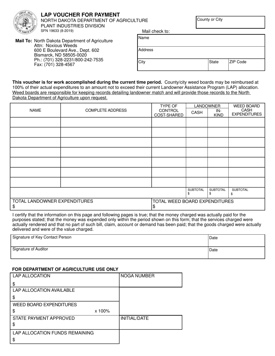 Form SFN19633 Lap Voucher for Payment - North Dakota, Page 1