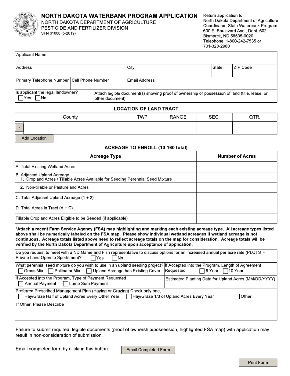 Form SFN61000 North Dakota Waterbank Program Application - North Dakota, Page 1