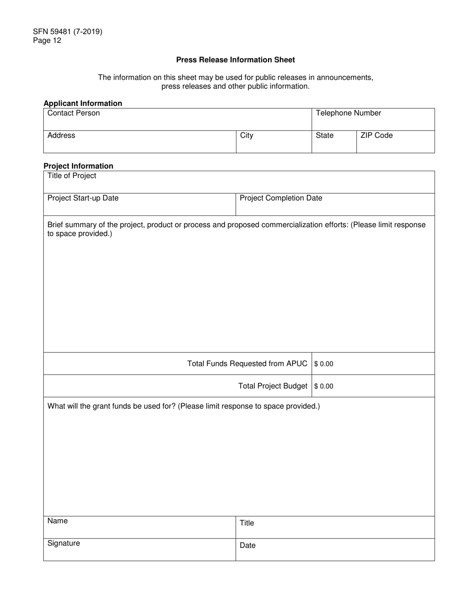 Form SFN59481 Agricultural Products Utilization Commission Grant Application - North Dakota, Page 12