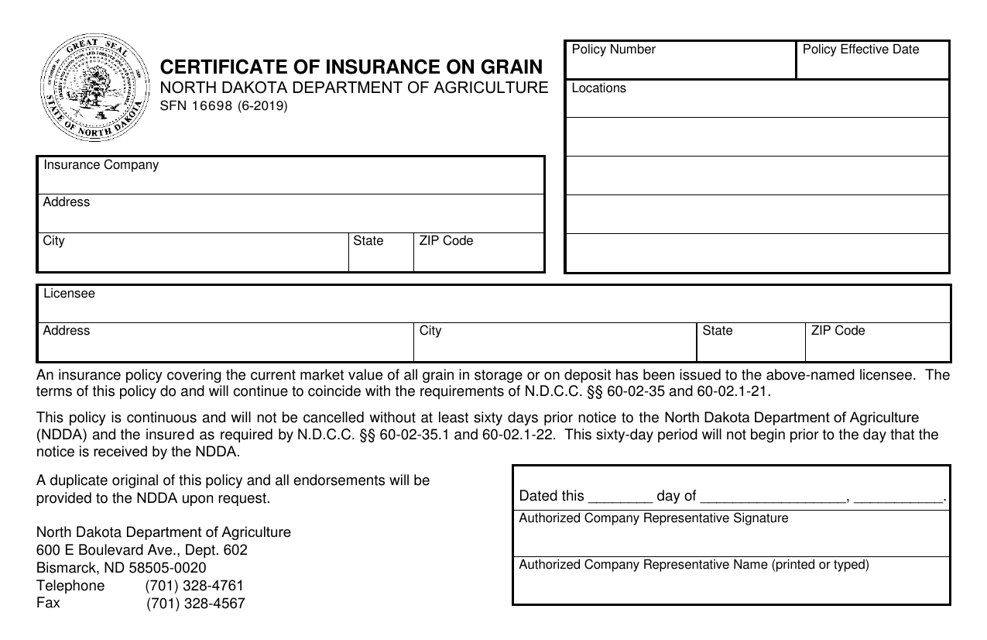 Form SFN16698 Certificate of Insurance on Grain - North Dakota