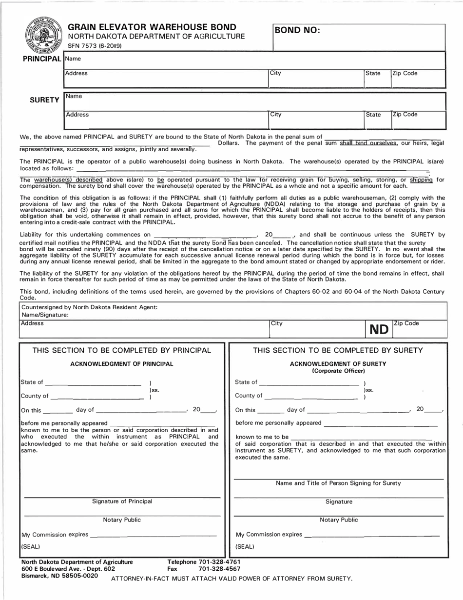 Form SFN7573 Grain Elevator Warehouse Bond - North Dakota, Page 1