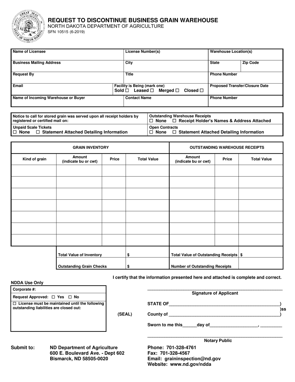 Form SFN10515 Request to Discontinue Business Grain Warehouse - North Dakota, Page 1