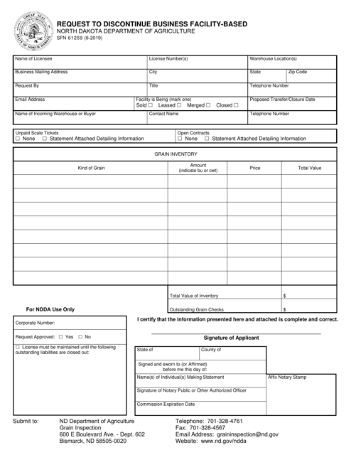 Form SFN61259 Request to Discontinue Business Facility-Based - North Dakota