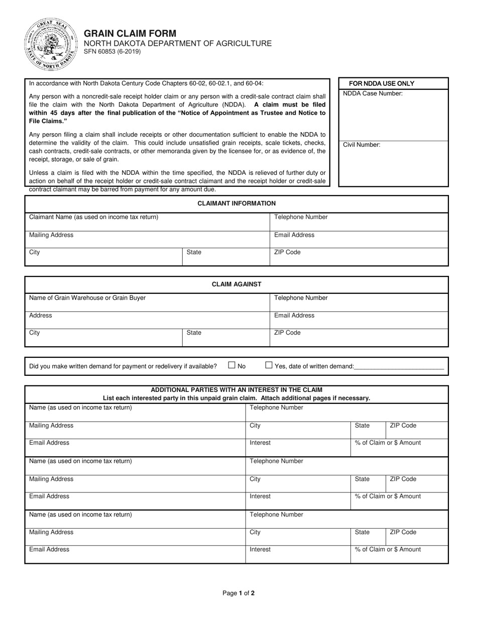 Form SFN60853 Grain Claim Form - North Dakota, Page 1