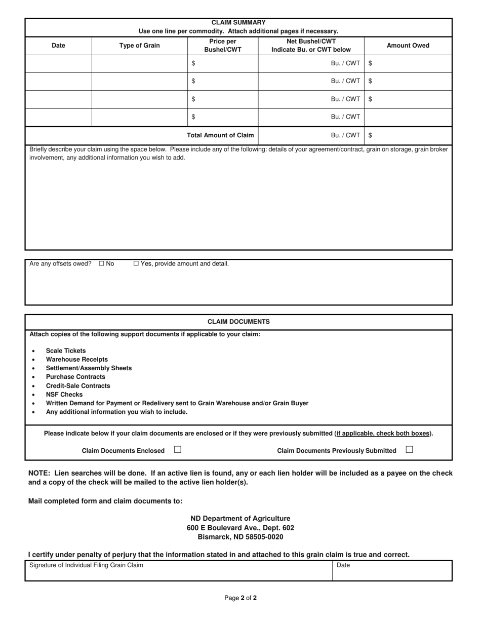 Form SFN60853 Grain Claim Form - North Dakota, Page 2