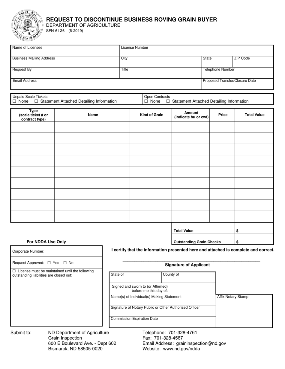 Form SFN61261 Request to Discontinue Business Roving Grain Buyer - North Dakota, Page 1