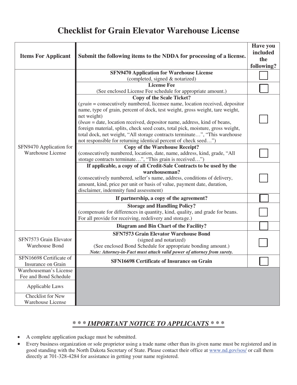 Checklist for Grain Elevator Warehouse License - North Dakota, Page 1