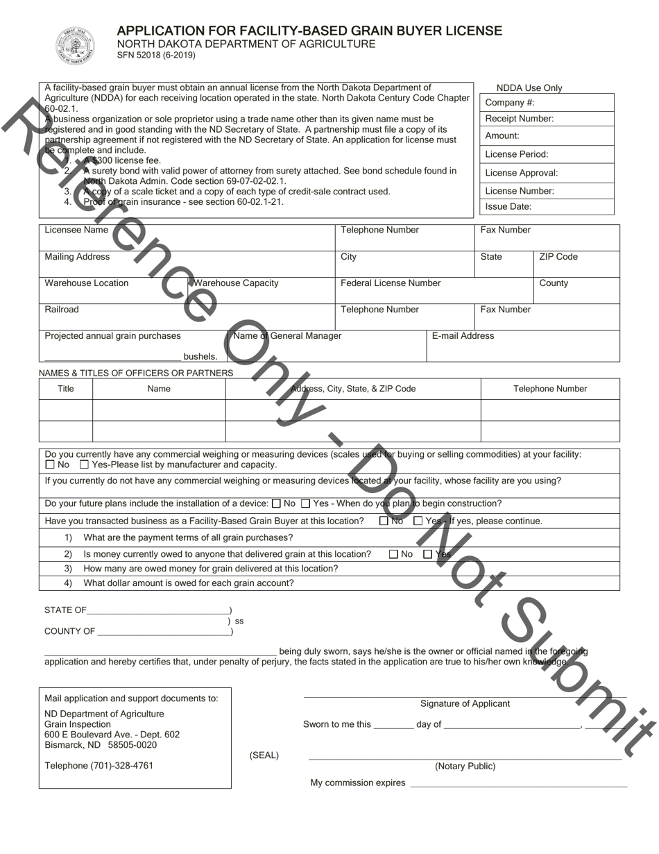 Form SFN52018 Application for Facility-Based Grain Buyer License - North Dakota, Page 1