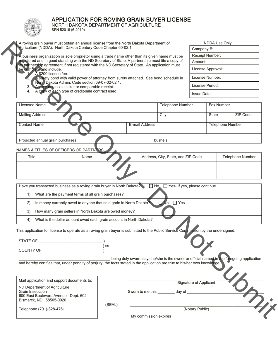 Form SFN52016 Application for Roving Grain Buyer License - North Dakota, Page 1