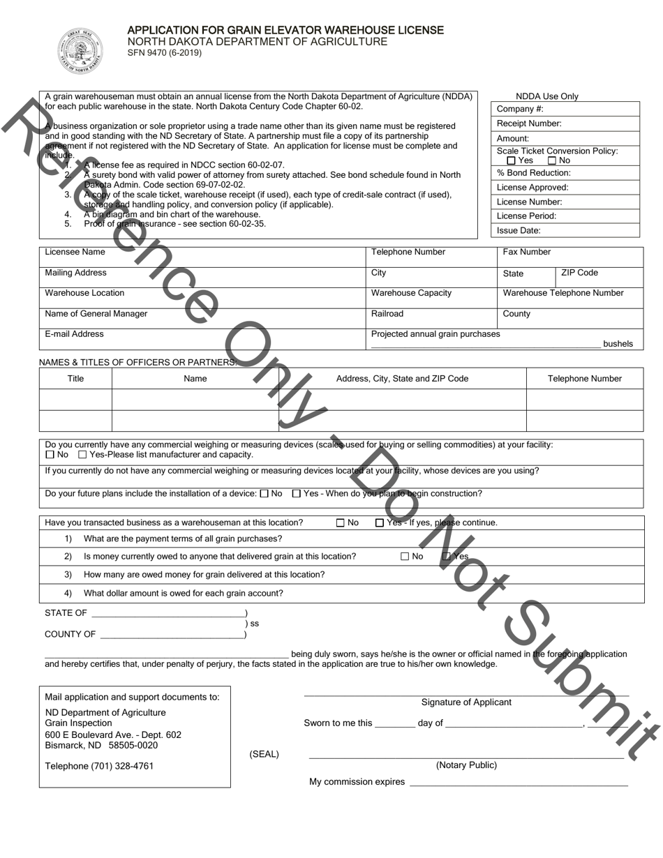 Form SFN9470 Application for Grain Elevator Warehouse License - North Dakota, Page 1