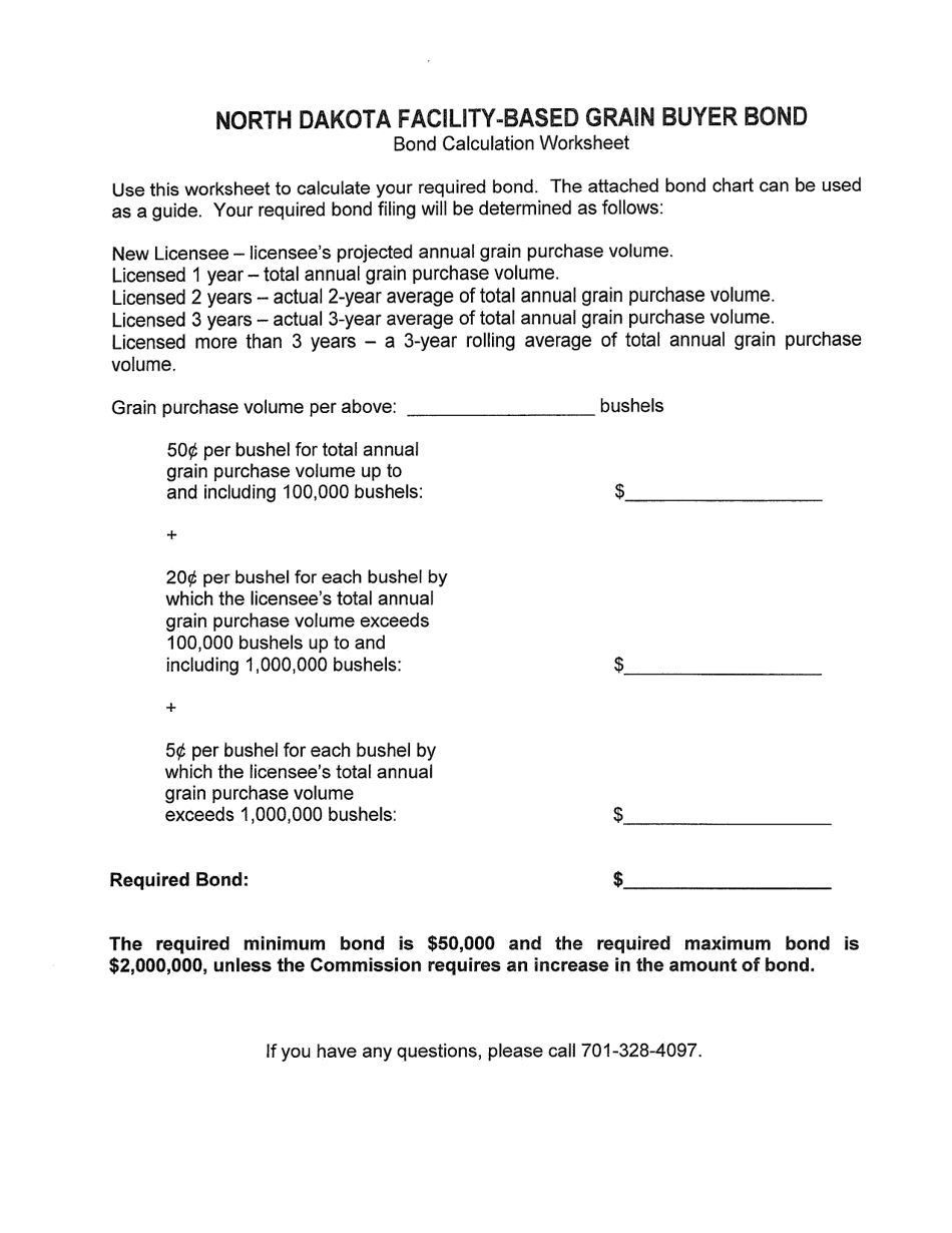 Facility-Based Grain Buyer Bond Calculation Worksheet and Schedule - North Dakota, Page 1