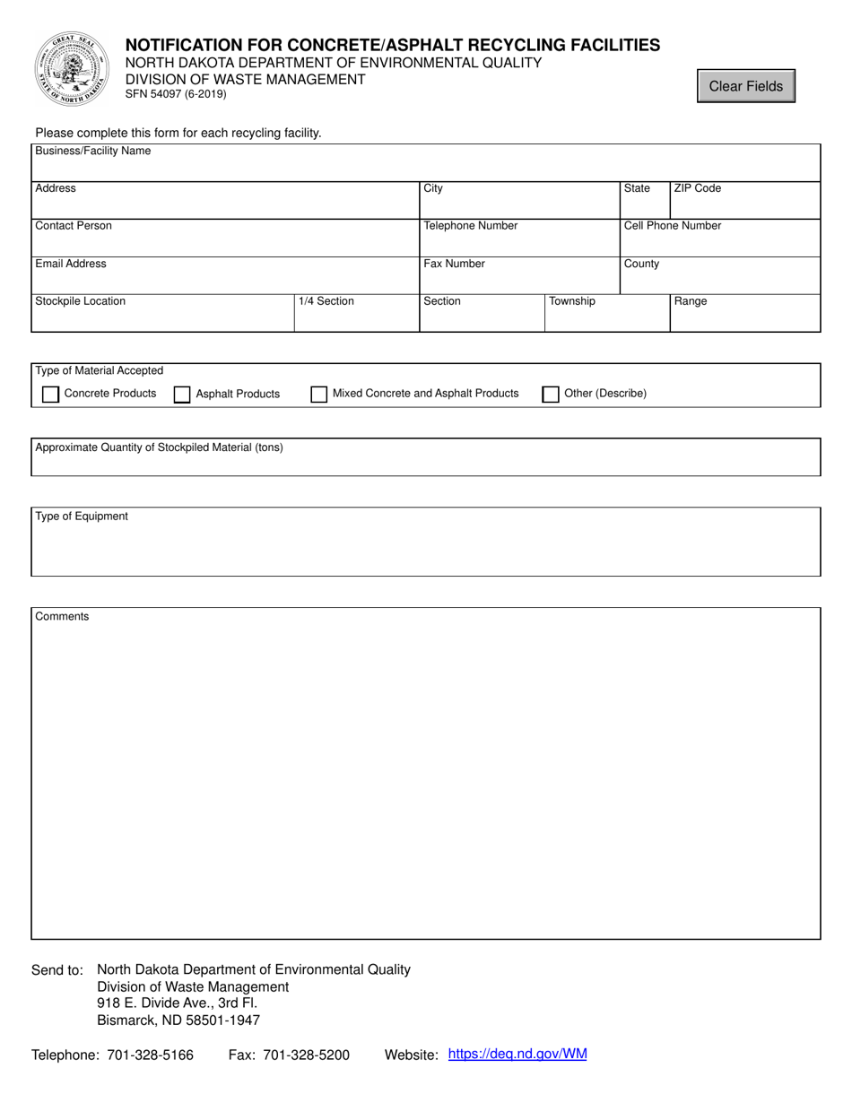 Form SFN54097 Notification for Concrete / Asphalt Recycling Facilities - North Dakota, Page 1