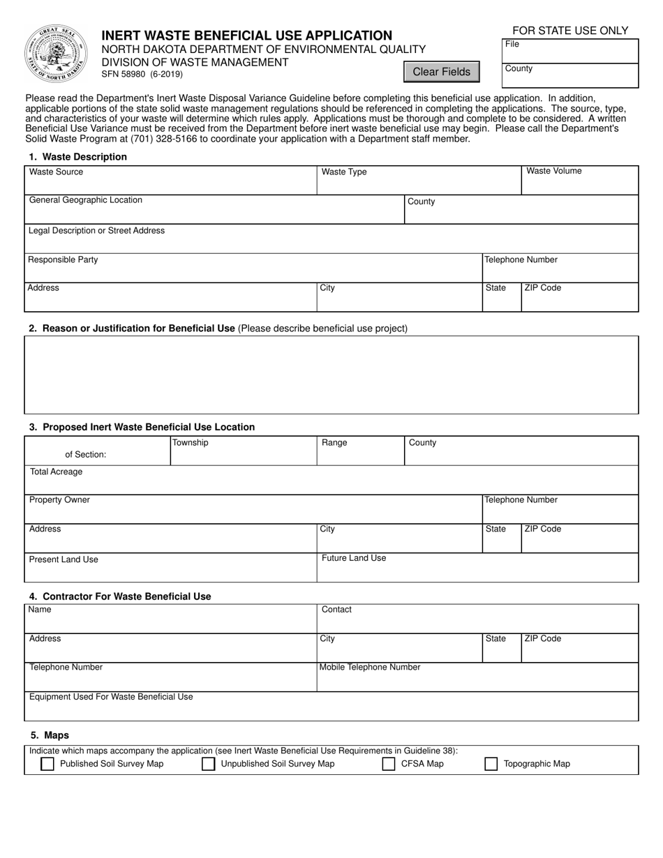 Form SFN58980 Inert Waste Beneficial Use Application - North Dakota, Page 1