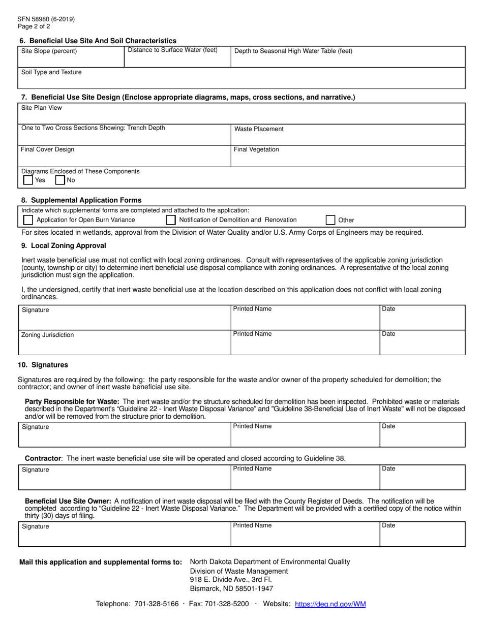 Form SFN58980 Inert Waste Beneficial Use Application - North Dakota, Page 2