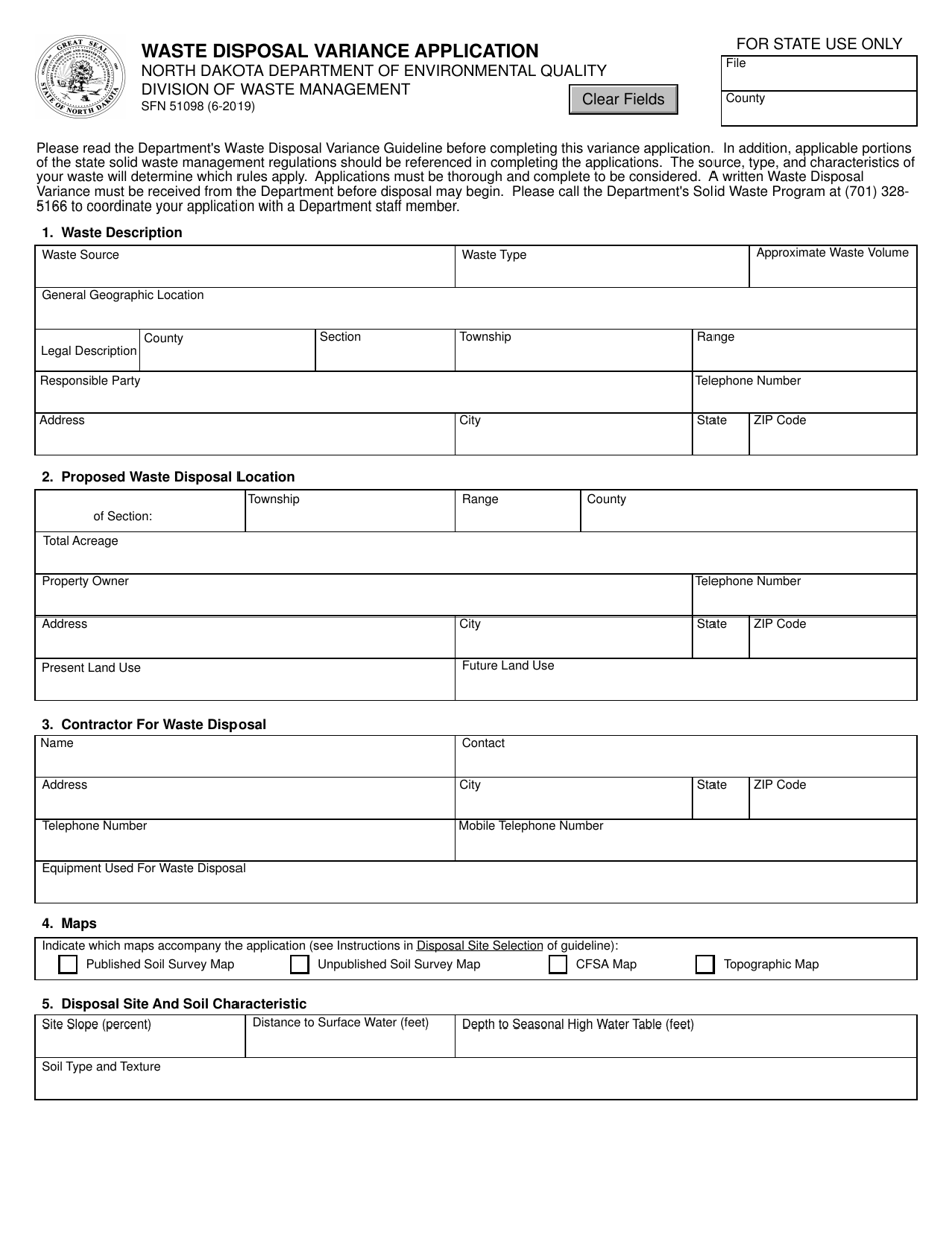 Form SFN51098 Waste Disposal Variance Application - North Dakota, Page 1