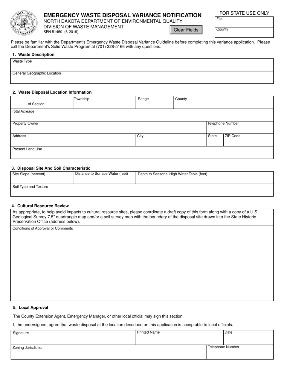 Form SFN51450 Emergency Waste Disposal Variance Notification - North Dakota, Page 1