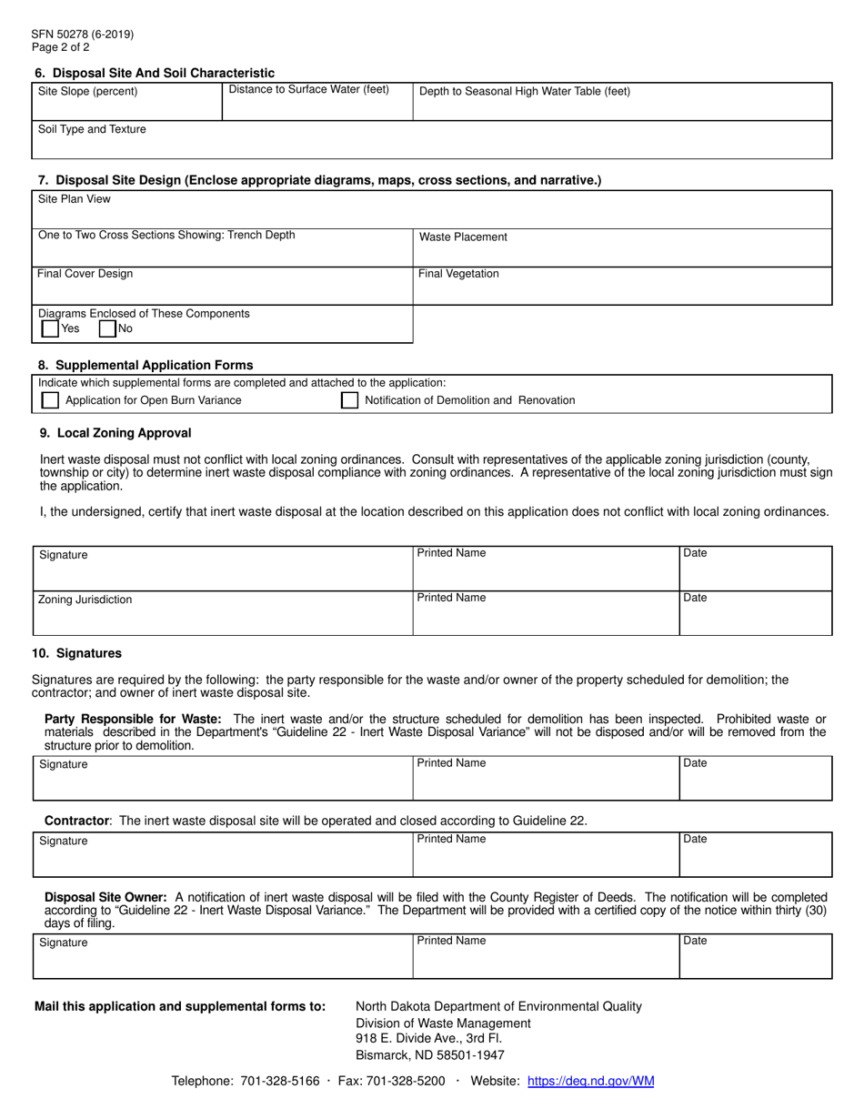 Form SFN50278 Inert Waste Disposal Variance Application - North Dakota, Page 2