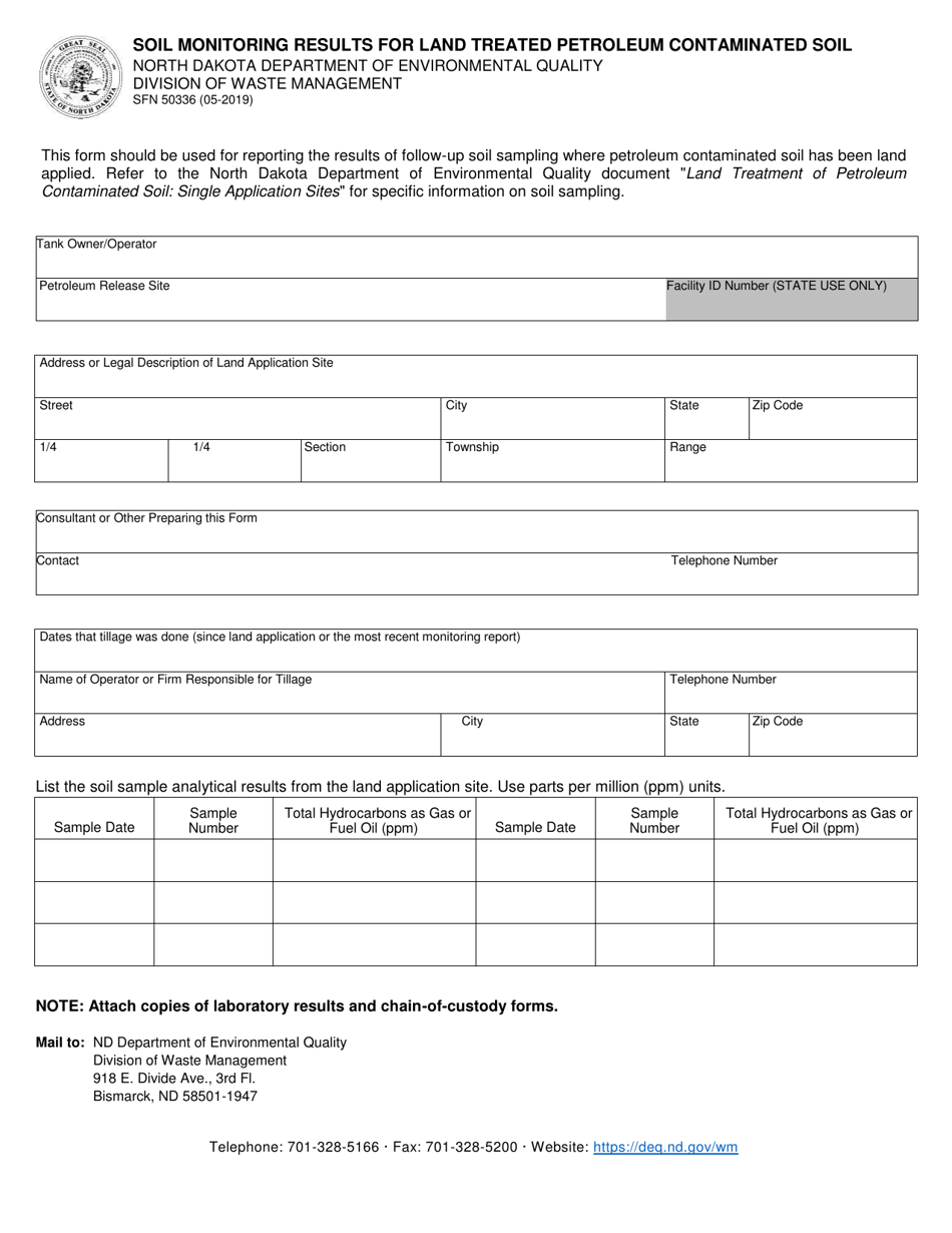 Form SFN50336 Soil Monitoring Results for Land Treated Petroleum Contaminated Soil - North Dakota, Page 1