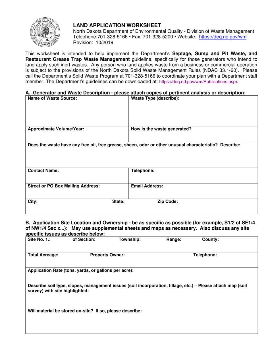 Land Application Worksheet - North Dakota, Page 1