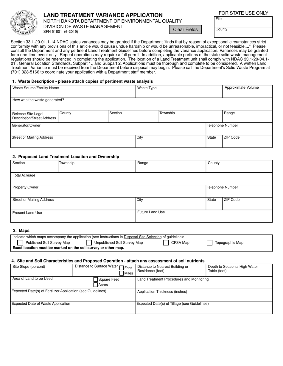 Form SFN51601 Land Treatment Variance Application - North Dakota, Page 1