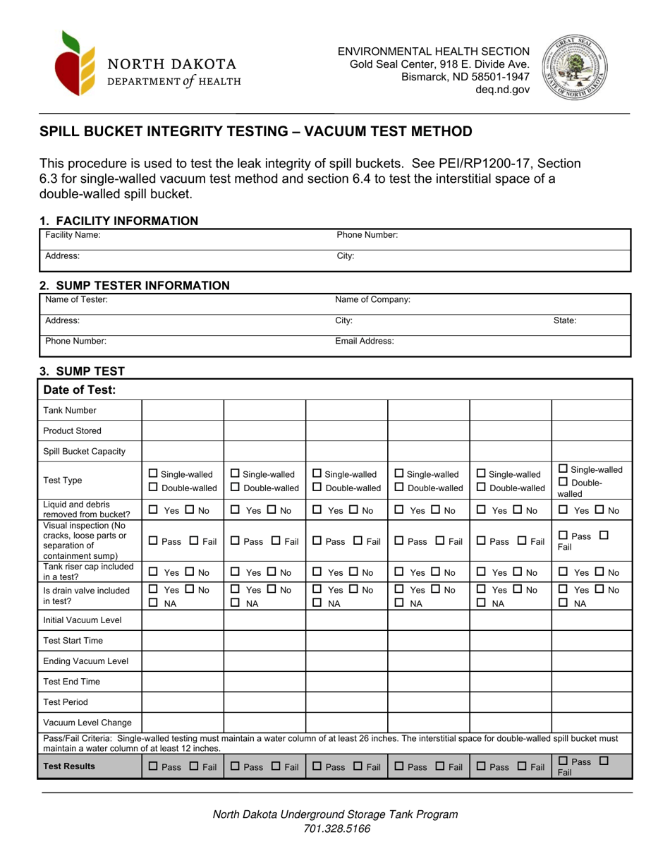North Dakota Spill Bucket Integrity Testing Vacuum Test Method Fill