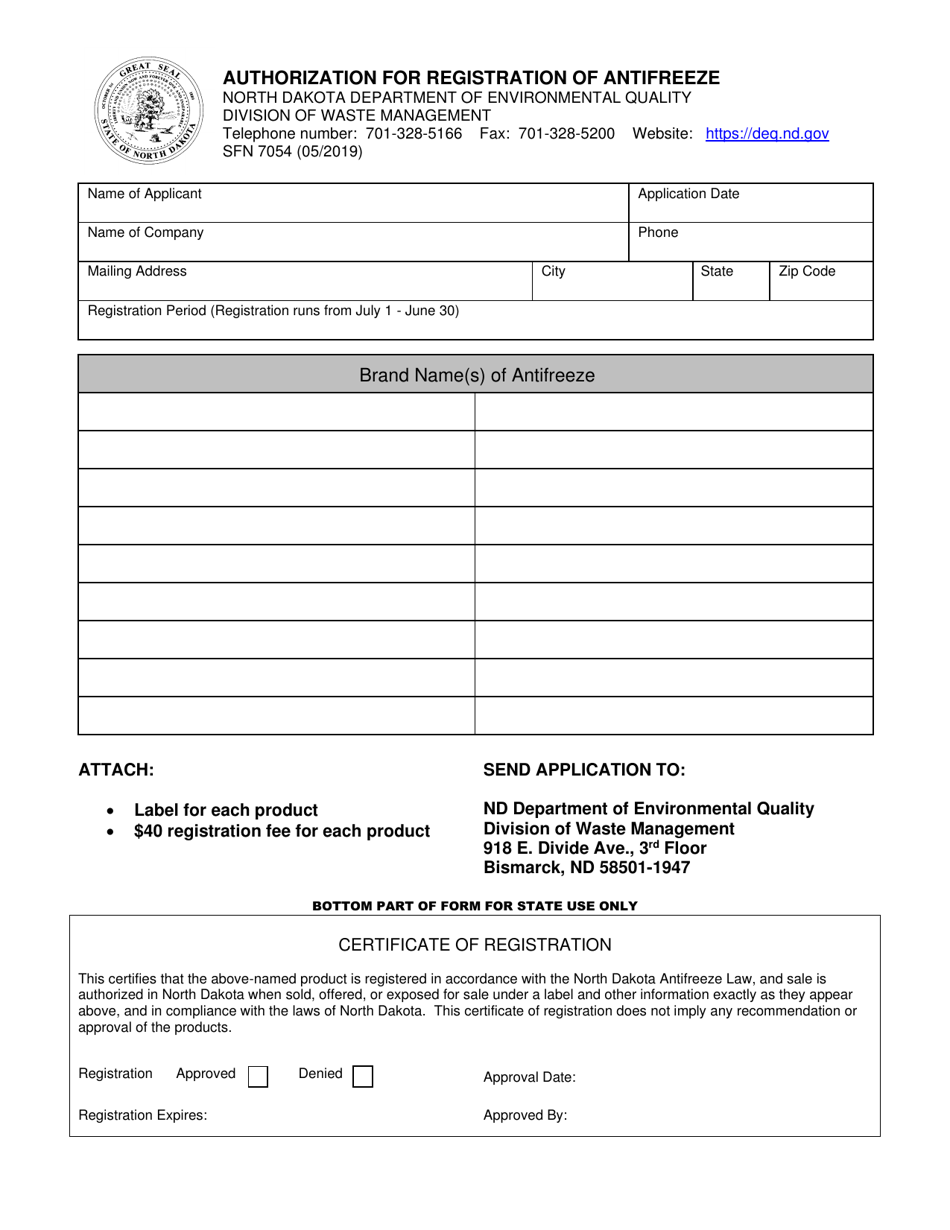 Form SFN7054 Authorization for Registration of Antifreeze - North Dakota, Page 1