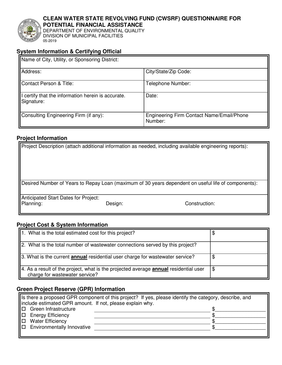 Clean Water State Revolving Fund (Cwsrf) Questionnaire for Potential Financial Assistance - North Dakota, Page 1