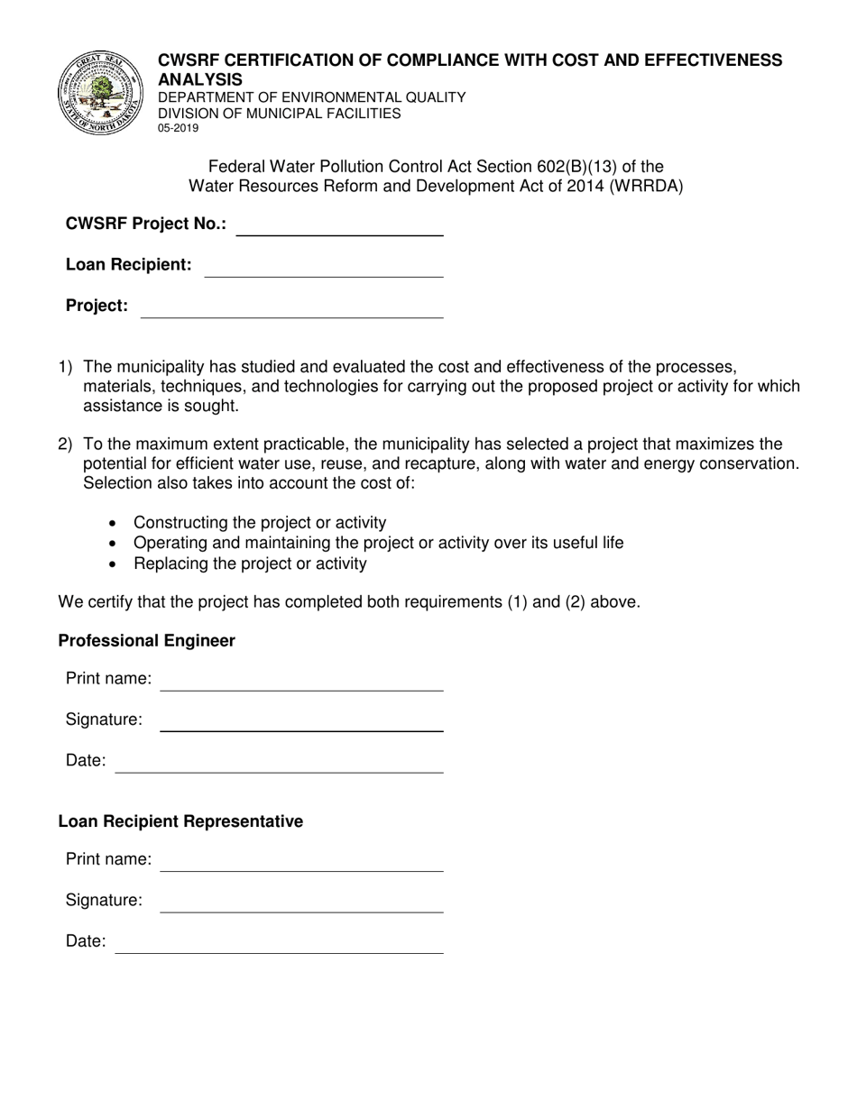 North Dakota Cwsrf Certification of Compliance With Cost and