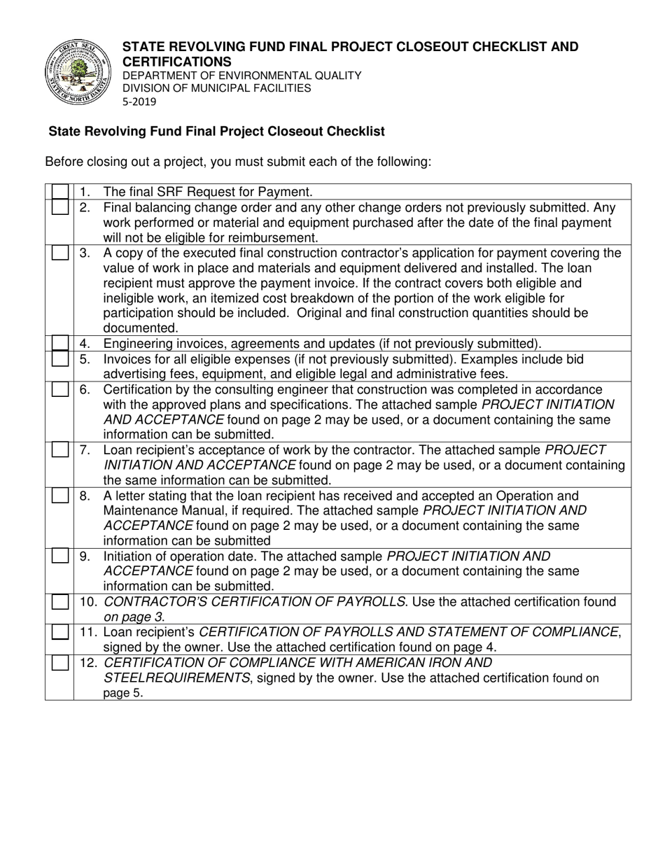 State Revolving Fund Final Project Closeout Checklist and Certifications - North Dakota, Page 1