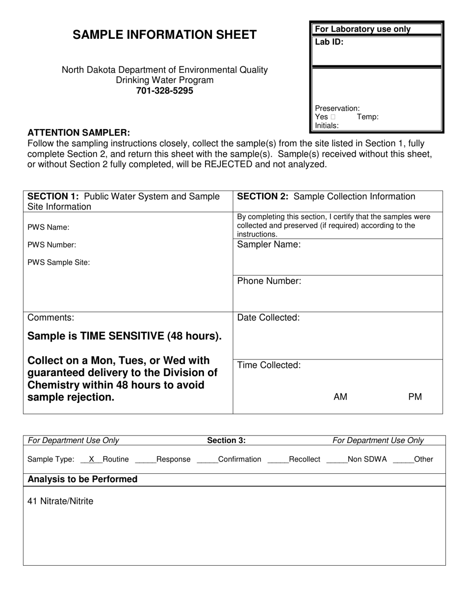 Nitrate and Nitrite Sample Information Sheet - North Dakota, Page 1