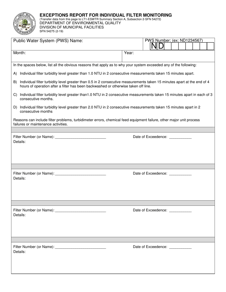 Form SFN54275 Exceptions Report for Individual Filter Monitoring - North Dakota, Page 1